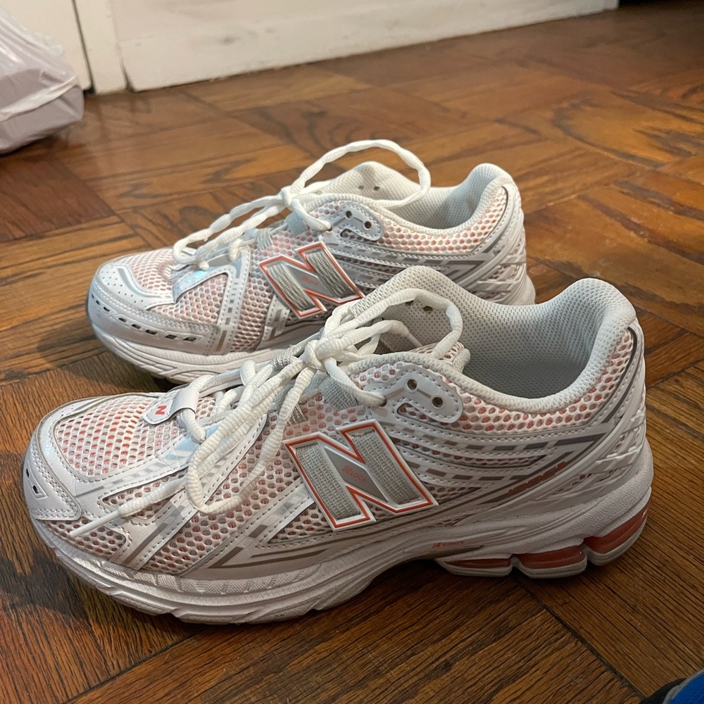 New Balance White and Light Orange Athletic Sneakers